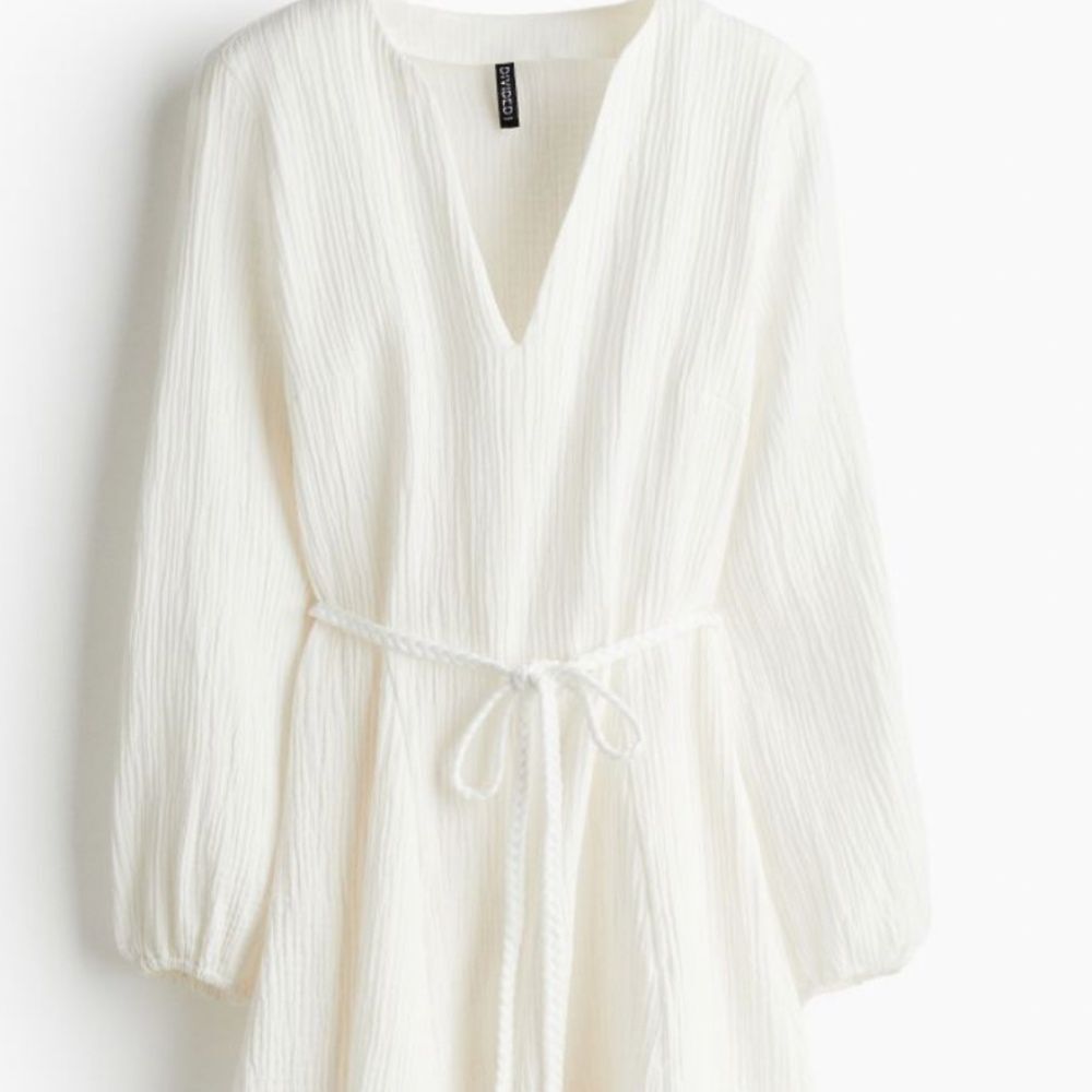 White Tie-Belt Balloon-Sleeved Dress, with belt, Size 36 S, H&M